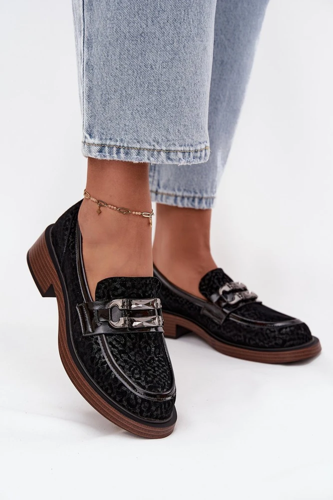 Suede Women's Loafers with Decoration D&A MR52-176 Juodas