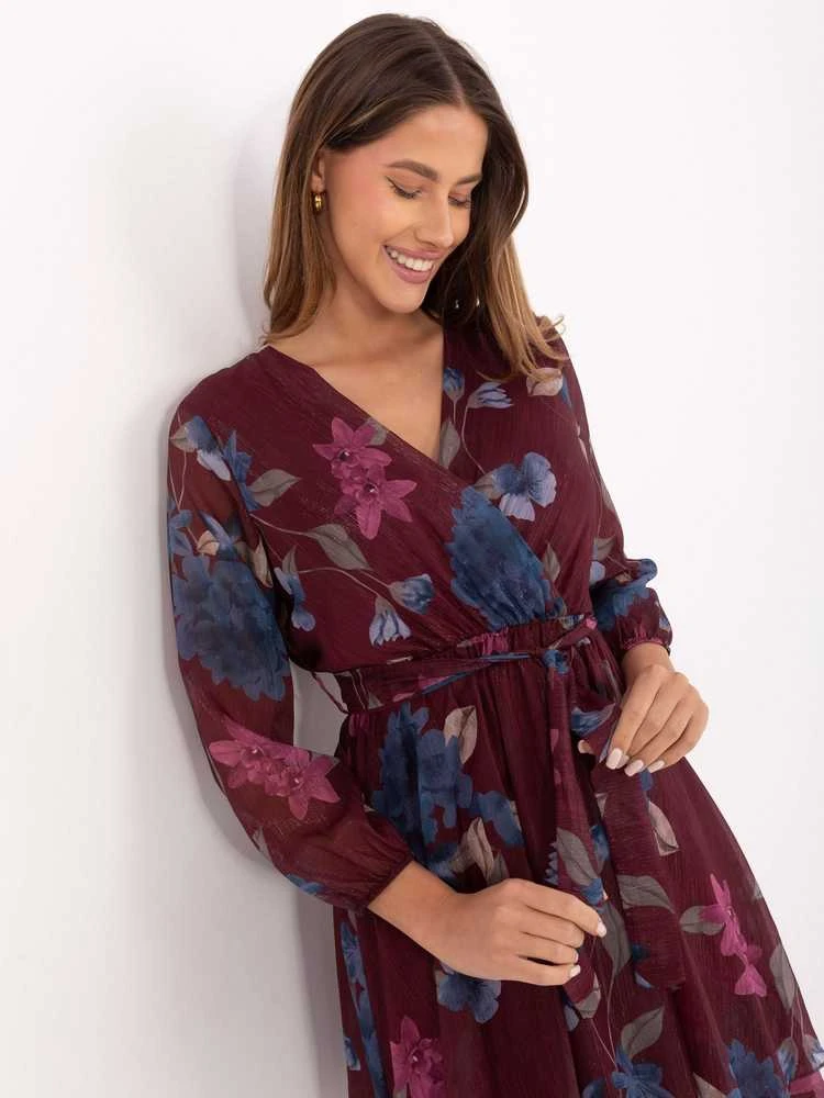Suknelė bordo trumpa su gėlėmis permatoma ITALY MODA