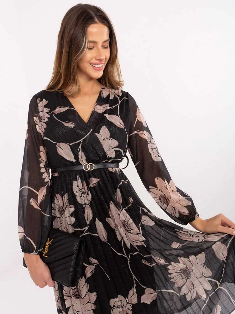 Suknelė juoda midi su gėlėmis ir dirželiu ITALIA MODA