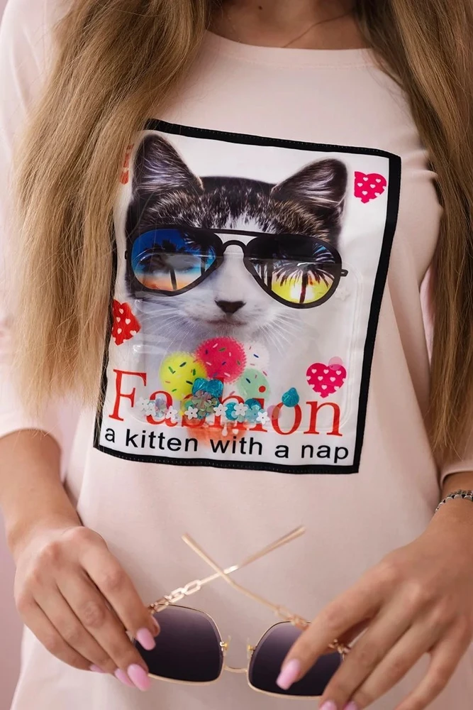 Suknelė su 3D katės grafika, pudros rožinė
