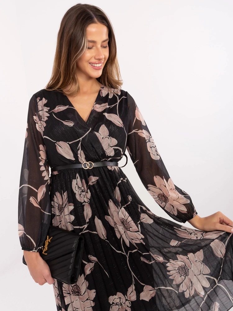 Suknelė juoda midi su gėlėmis ir dirželiu ITALIA MODA