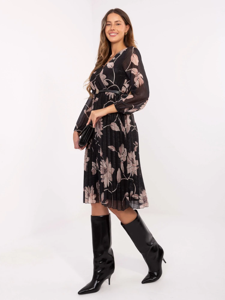 Suknelė juoda midi su gėlėmis ir dirželiu ITALIA MODA