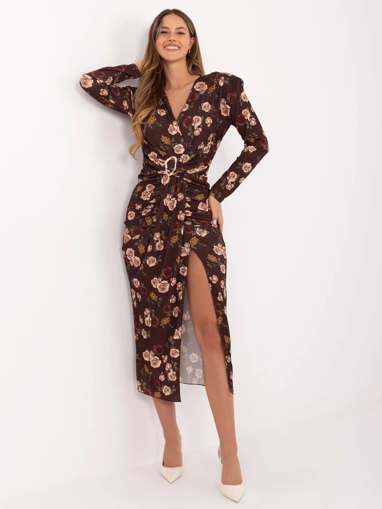 Ruda gėlėta moteriška suknelė su diržu