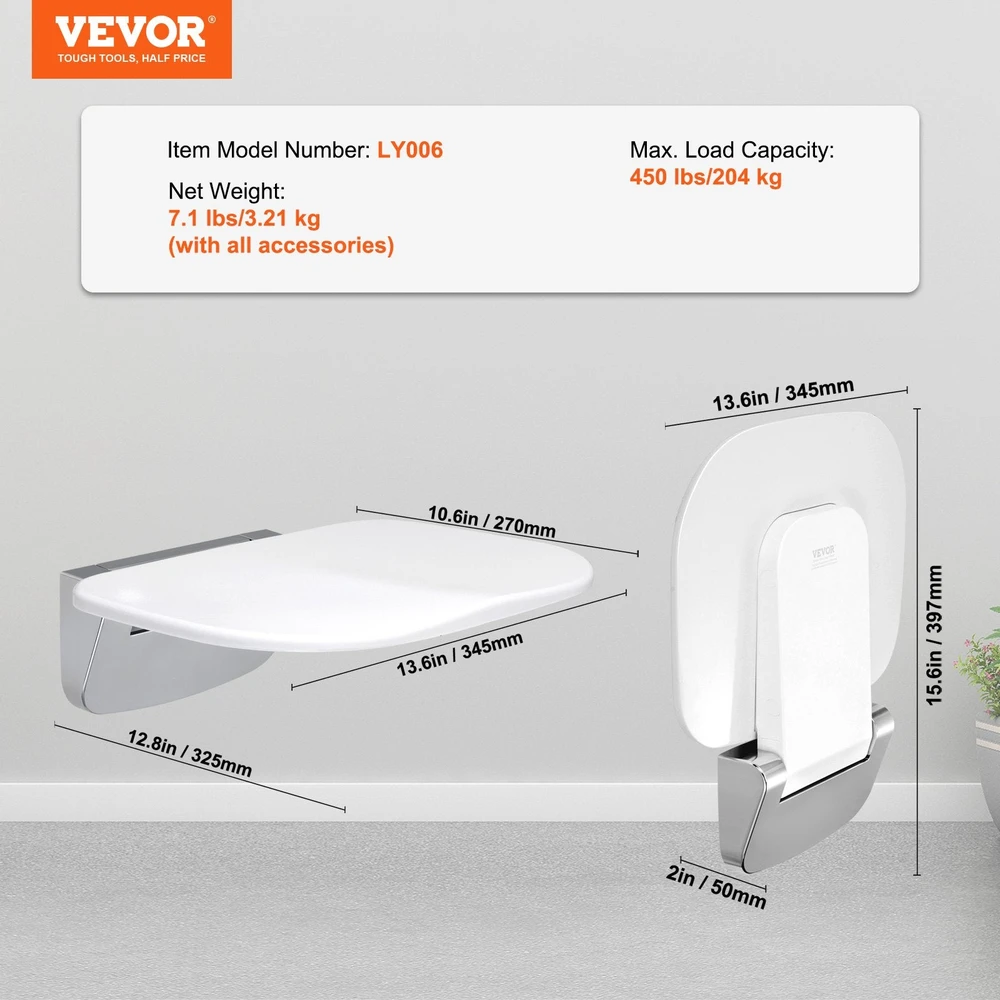 VEVOR Sulenkiama dušo sėdynė 34.5cm x 32.5cm sieninė