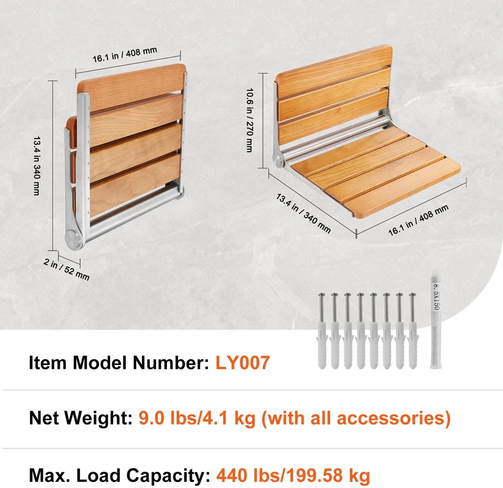 VEVOR Sulenkiama ąžuolinė dušo kėdutė, montuojama ant sienos
