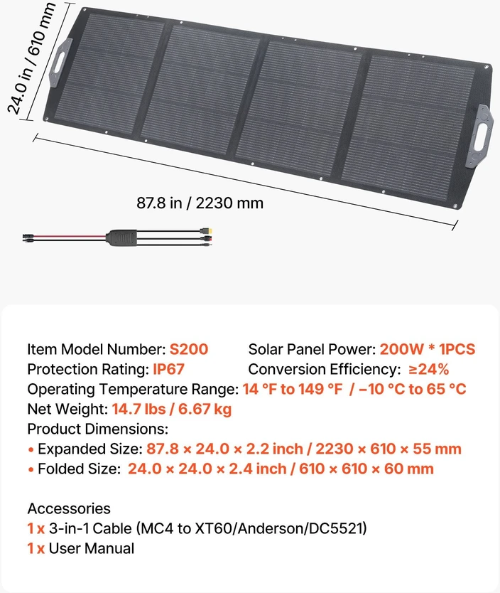 VEVOR Sulankstomas 200W saulės panelis