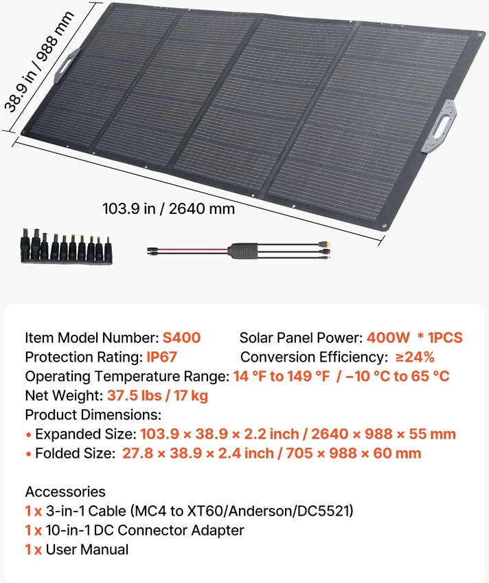 VEVOR Sulankstoma 400W saulės baterija lauko naudojimui