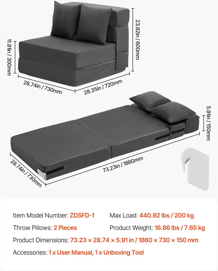 VEVOR Sulankstoma sofa-lova su 2 pagalvėmis