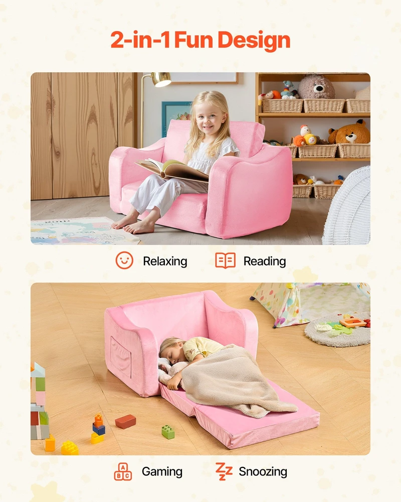 VEVOR Sulankstoma vaikiška sofa 2-in-1, rožinė