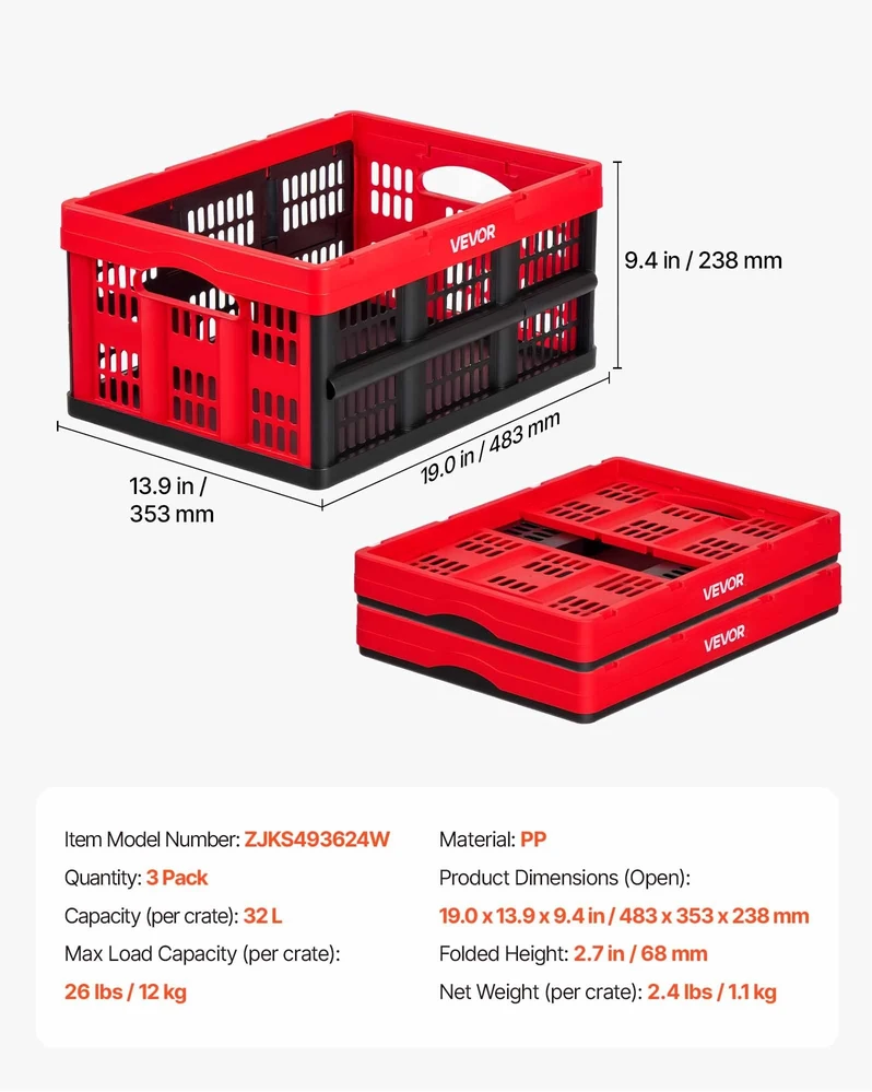 Vevor Plastikinės sulankstomos daiktadėžės 32 l, 3 vnt.