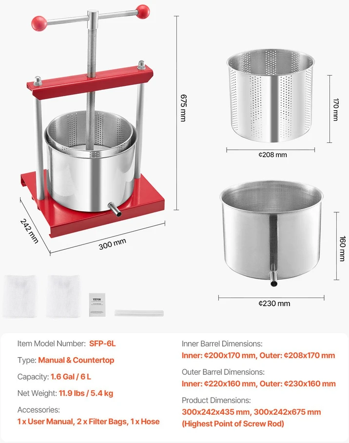 Sulčiaspaudė VEVOR Vaisių vyno spaustuvas, 1.6 Gal/6L