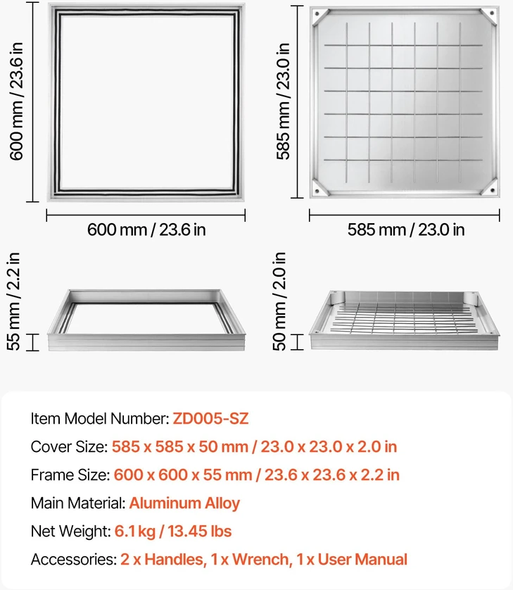 Vevor Šulinio dangtis su rėmu 600 x 600 mm