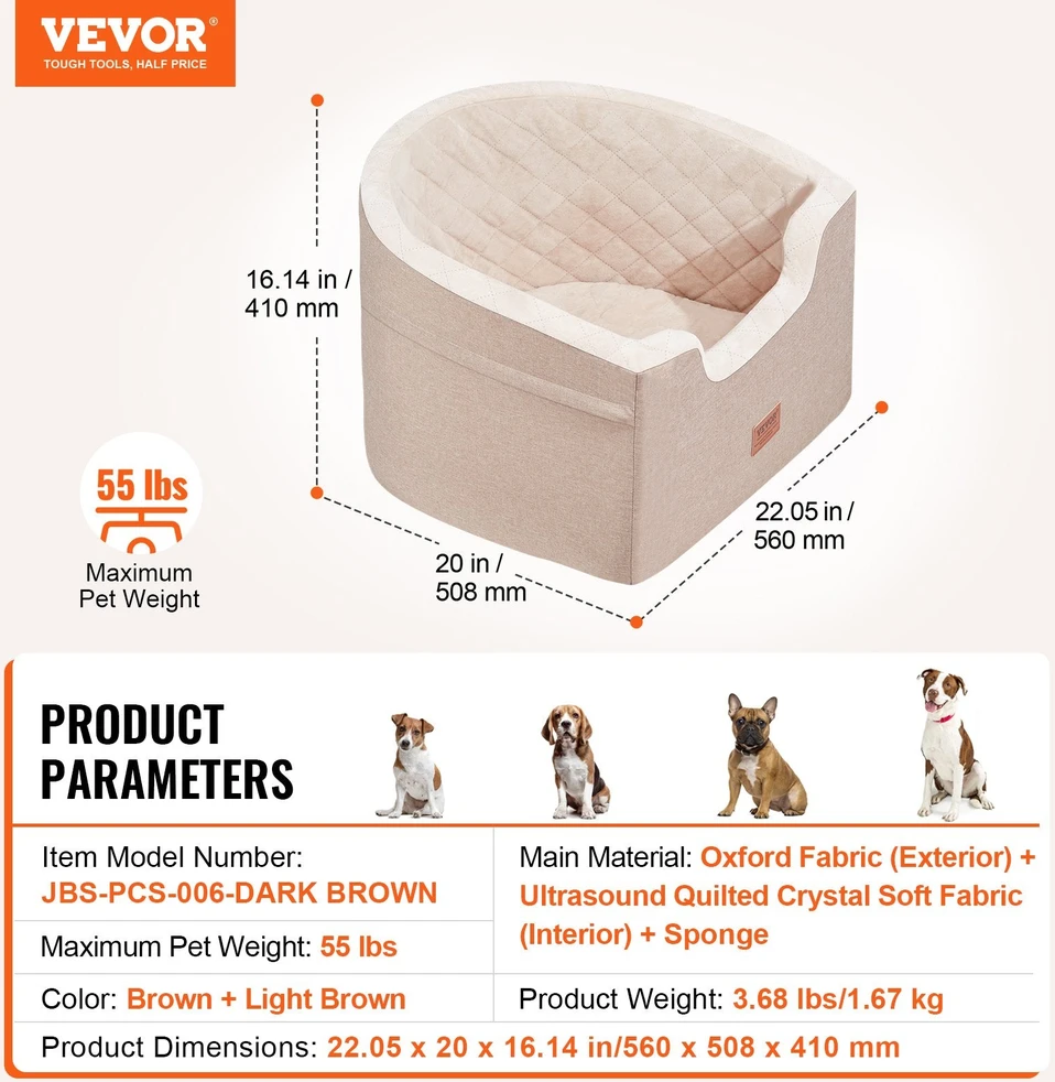 VEVOR Automobilinė kėdutė šunims iki 25 kg ruda