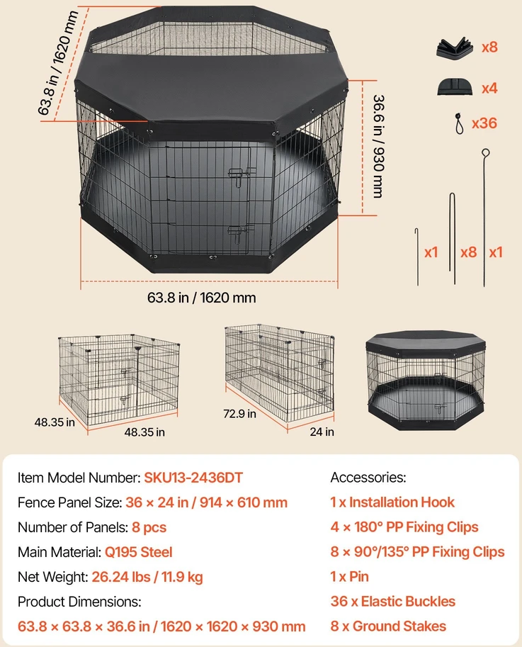Šunų aptvaras VEVOR SKU13-2436DT, 91 cm aukščio