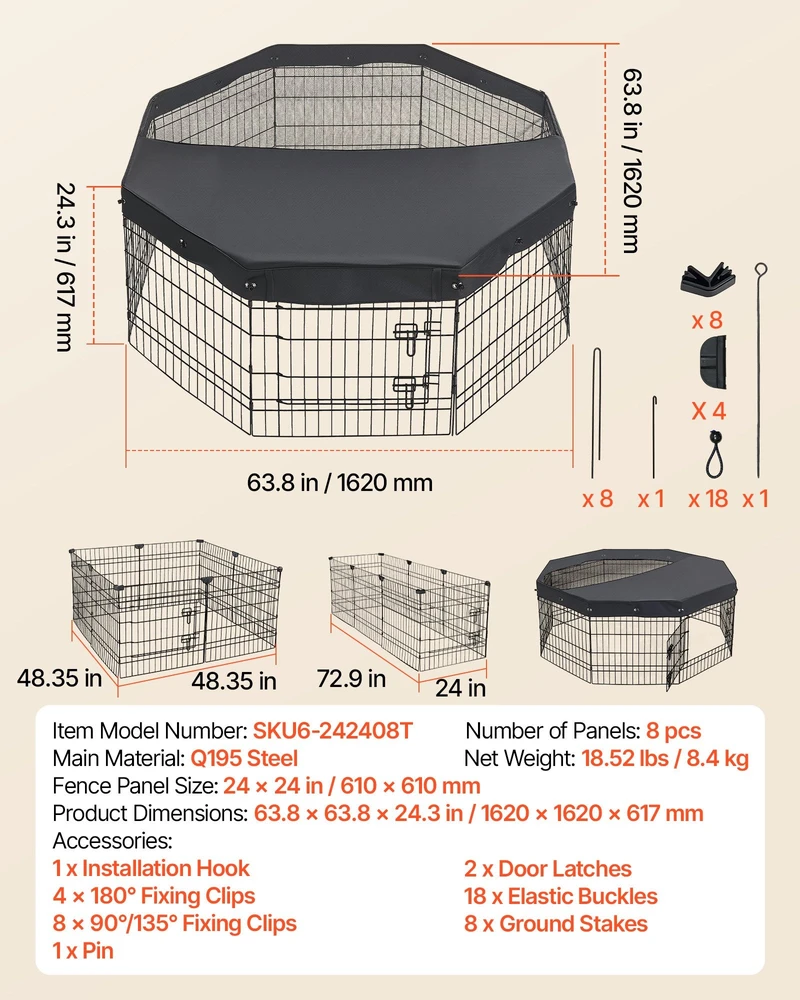Šunų aptvaras VEVOR SKU6-242408T, 61 cm aukščio, 8 dalių