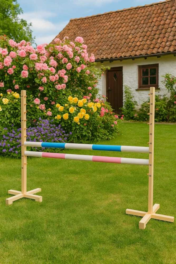 Šuolių kliūtis hobby horse žaidimui 120 cm šviesiai mėlyna ir rožinė