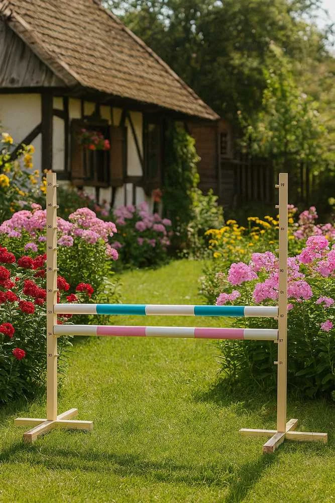 Šuolių kliūtis hobby horse žaidimui 120 cm šviesiai mėlyna ir rožinė