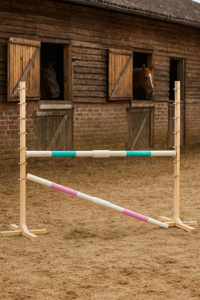 Šuolių kliūtis hobby horsing 160×120 cm su dviem kartelėmis mentos ir šviesiai rožinė