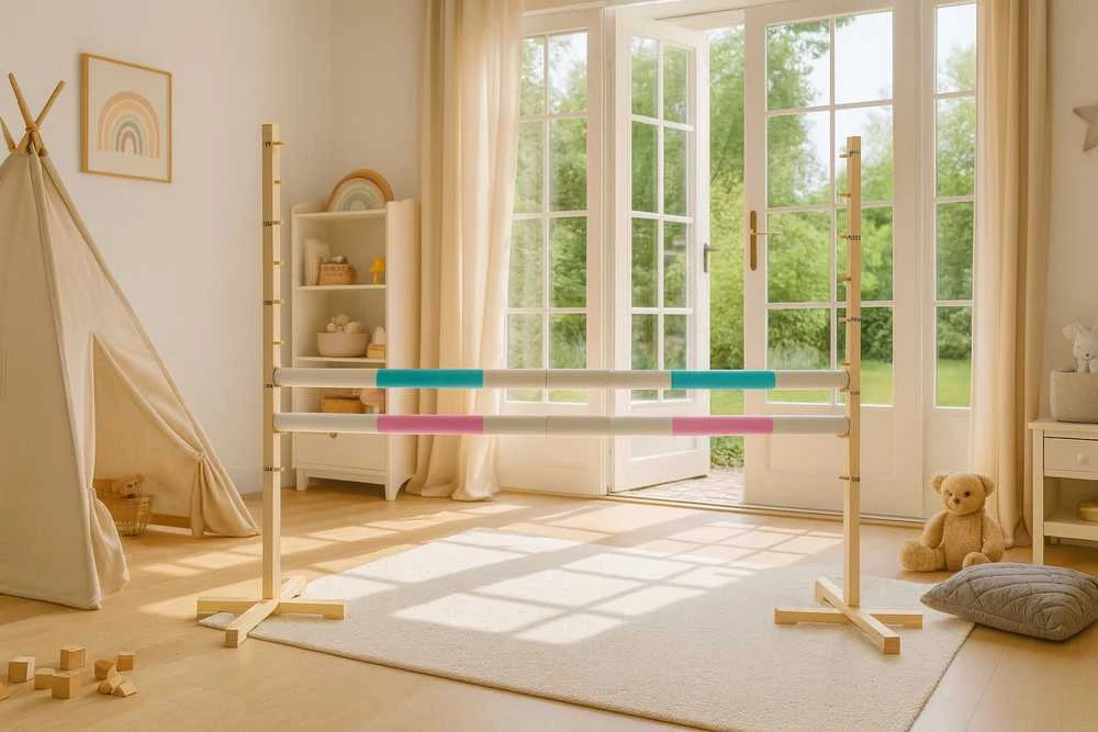 Šuolių kliūtis hobby horsing 160×120 cm su dviem kartelėmis mentos ir šviesiai rožinė