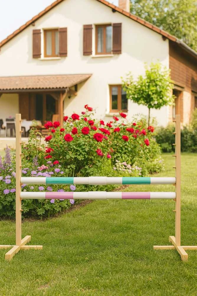 Šuolių kliūtis hobby horsing 160×120 cm su dviem kartelėmis mentos ir šviesiai rožinė