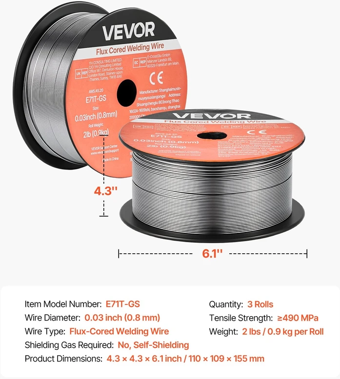 VEVOR Srauto šerdis suvirinimo viela, 0.8mm, 0.9kg (3 ritės)