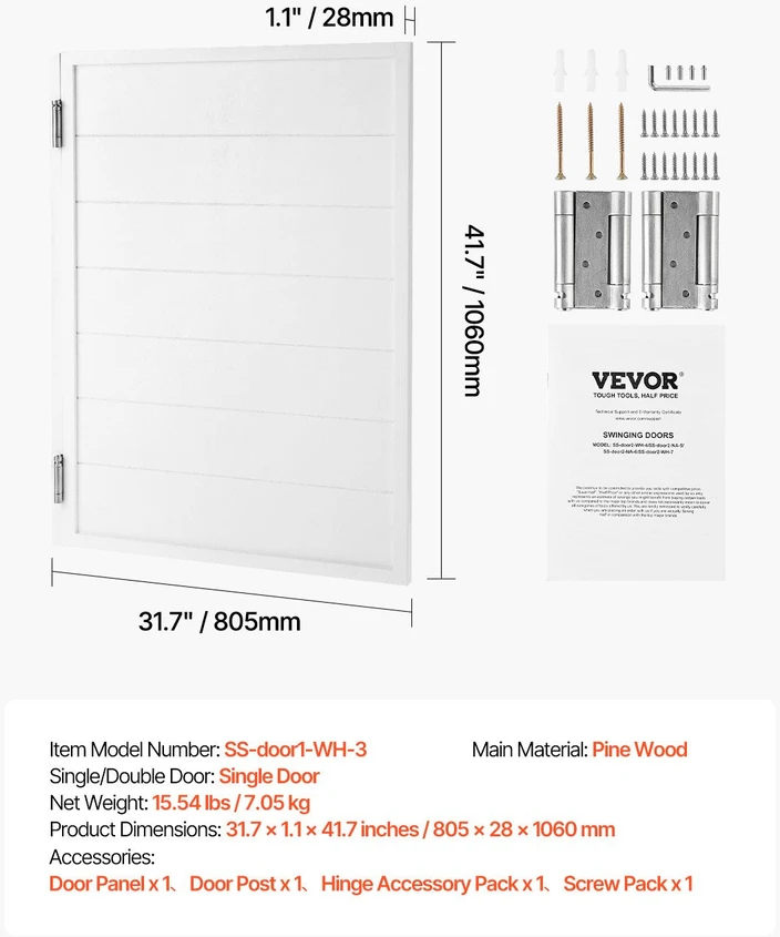 VEVOR Berėmės sūpyninės durys iš pušies 81.3x106.7 cm, baltos