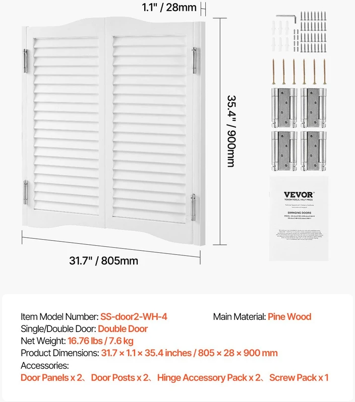 VEVOR Supynės durys kavinėms, pušis, baltos, 81.3x91.4 cm