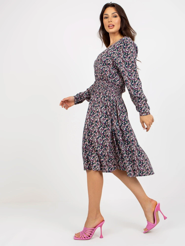 Tamsiai mėlyna midi suknelė su gėlių raštu