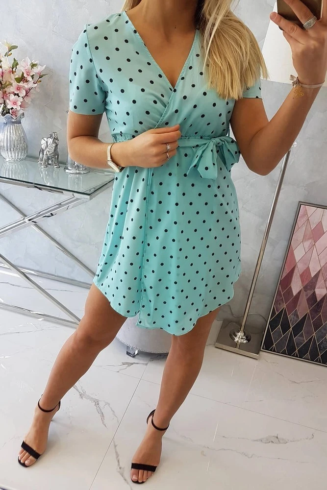 Taškuota suknelė su raiščiu per liemenį, mėtinė