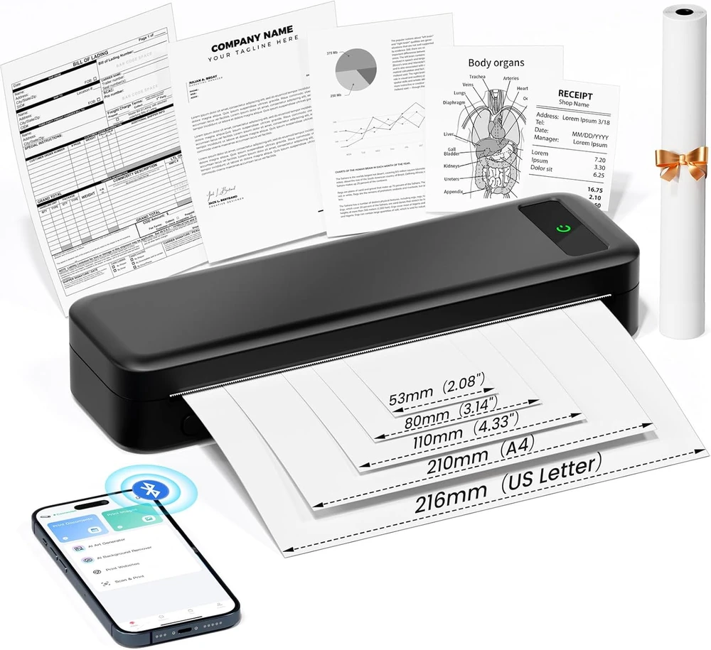 TATTMUSE nešiojamasis belaidis A4 terminis spausdintuvas, Bluetooth, 300 dpi, A285M