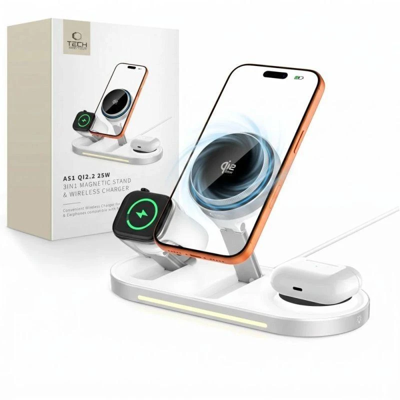 Tech-Protect A51 ArcticBoost 3in1 Magnetinis MagSafe belaidis įkroviklis 25W QI2.2 baltos spalvos