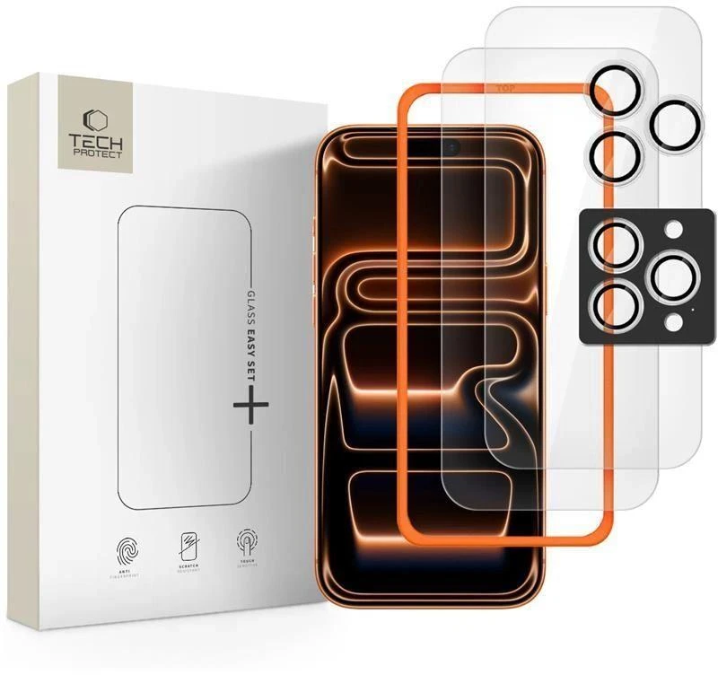 „Tech-Protect Easy Set+“ 3 grūdinto stiklo pakuotė, skirta „iPhone 16 Pro“ / „17 Pro“ – skaidri