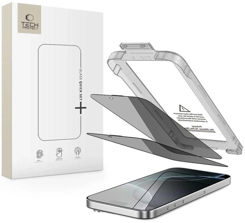„Tech-Protect Quick Set Spy+“ privatumo stiklų, skirtų „iPhone 16 Pro“, 2 vnt. pakuotėje