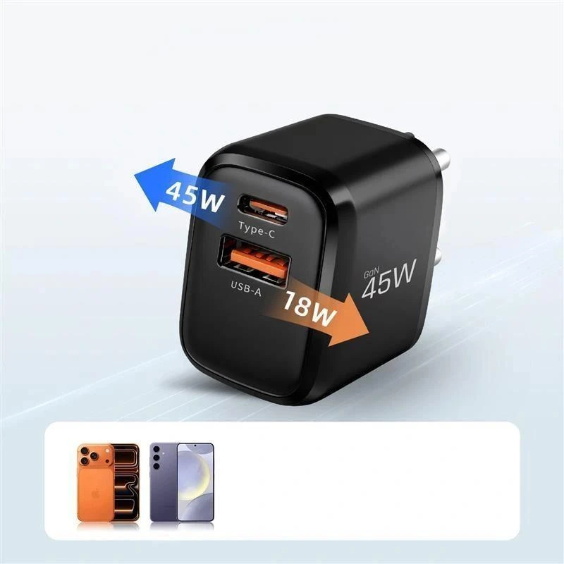 Tech-Protect NCA45W-GAN 2-Port laidinis įkroviklis PD 45W / QC3.0 + Type-C kabelis juodos spalvos