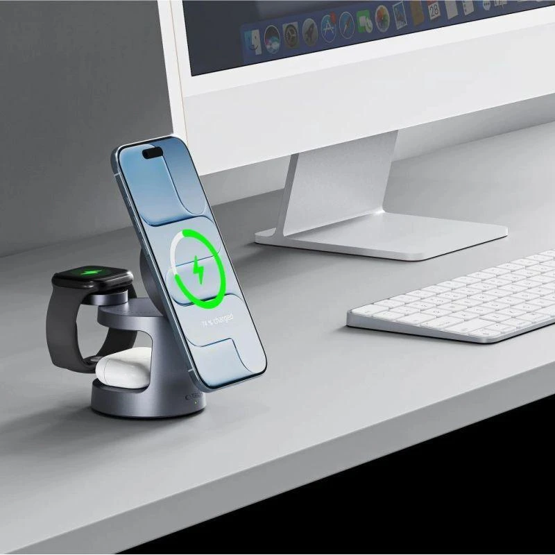 Tech-Protect QI2.2-25W-A48 3in1 magnetic MagSafe belaidis įkroviklis pilkos spalvos