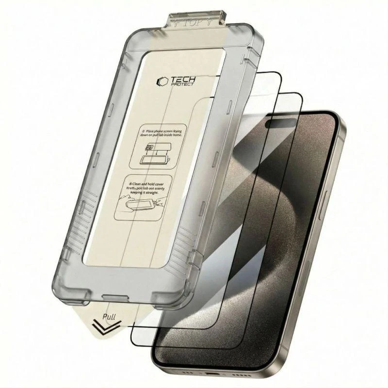 „Tech-Protect Quick Set+“ 2 grūdinto stiklo pakuotė, skirta „iPhone 15 Pro“ - juodas