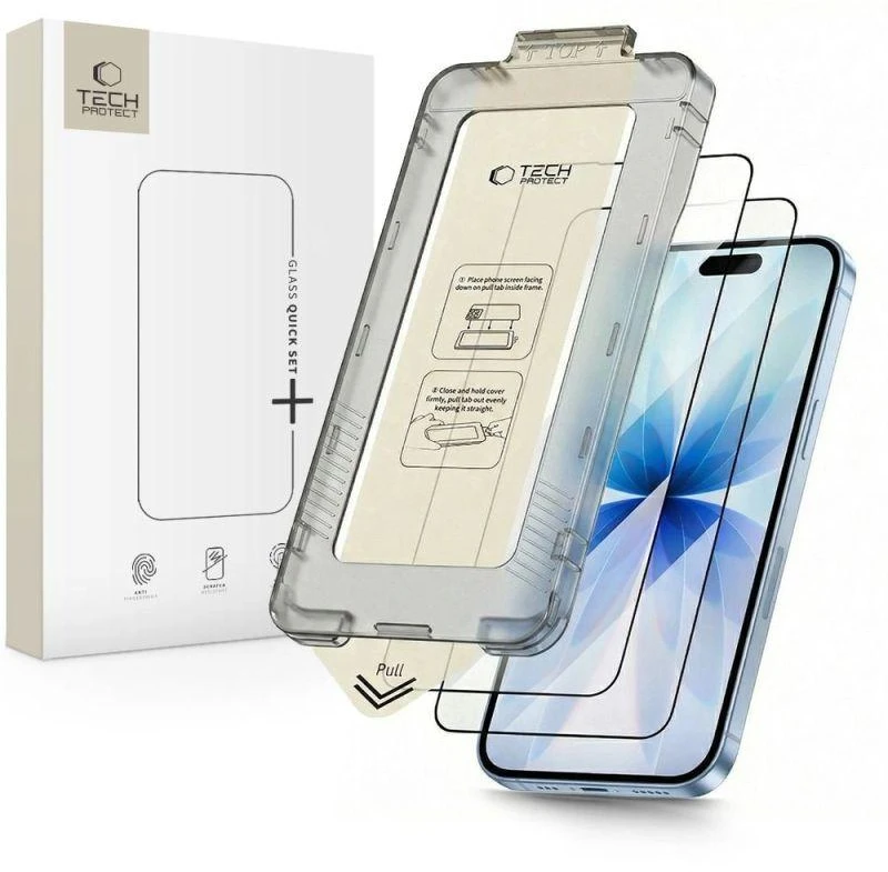 „Tech-Protect Quick Set+“ 2 grūdinto stiklo pakuotė, skirta „iPhone 17“ - juodas