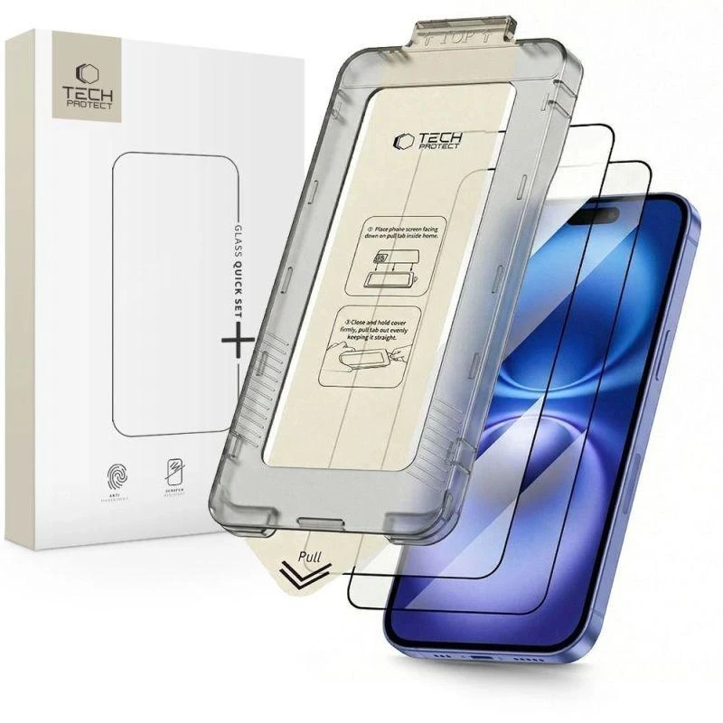 „Tech-Protect Quick Set+“ grūdinto stiklo 2 vnt. pakuotė, skirta „iPhone 15“ / „16“