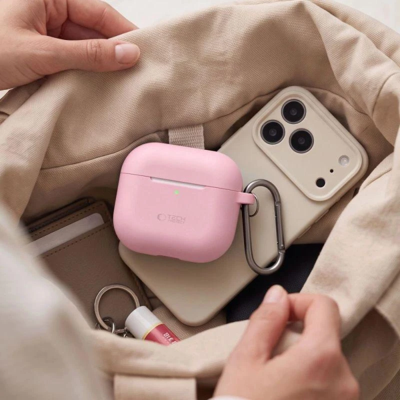 AirPods 4 Tech-Protect silikoninis dėklas su kabliuku jūsų ausinėms, rožinės spalvos