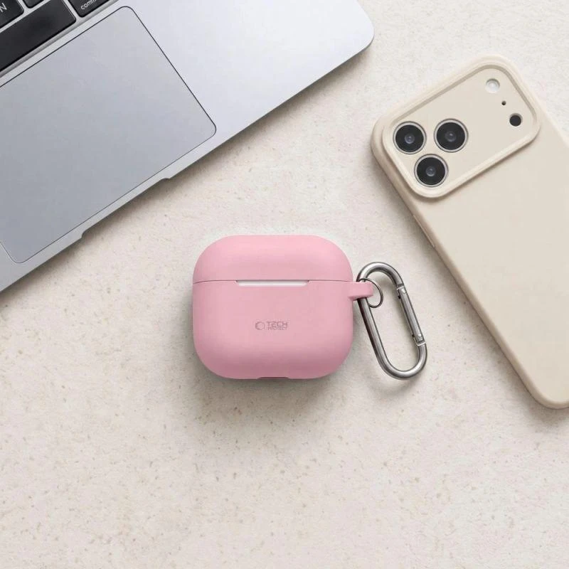 AirPods 4 Tech-Protect silikoninis dėklas su kabliuku jūsų ausinėms, rožinės spalvos