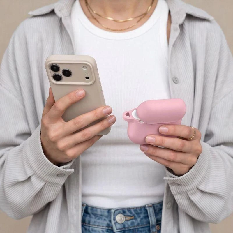 AirPods 4 Tech-Protect silikoninis dėklas su kabliuku jūsų ausinėms, rožinės spalvos