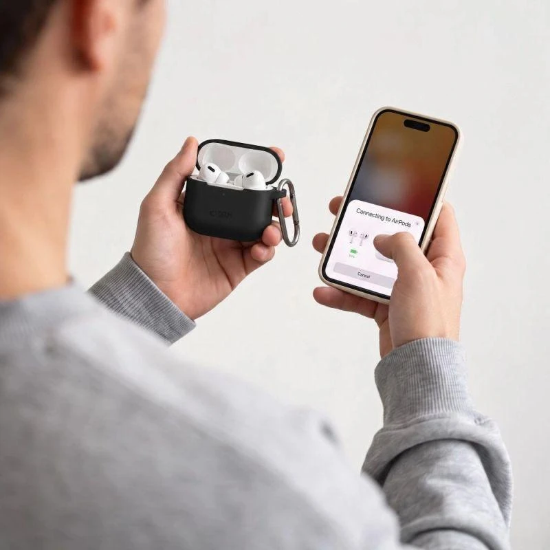 AirPods 4 Tech-Protect silikoninis Hook dėklas jūsų ausinėms juodos spalvos
