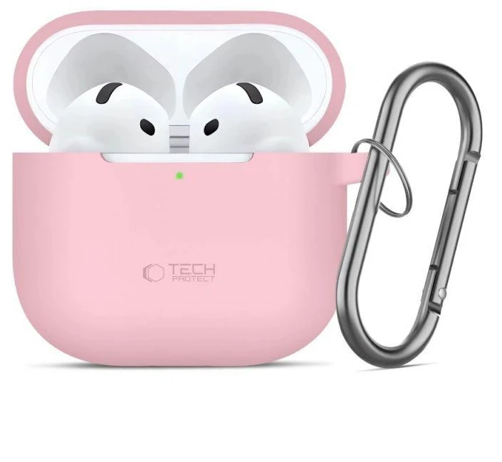 AirPods 4 Tech-Protect silikoninis dėklas su kabliuku jūsų ausinėms, rožinės spalvos