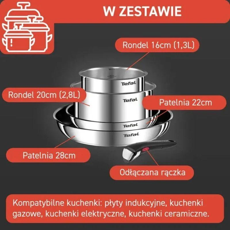 Nerūdijančio plieno puodų ir keptuvių rinkinys Tefal Ingenio Emotion L897S574, 5 dalių, 16/20/22/28 cm
