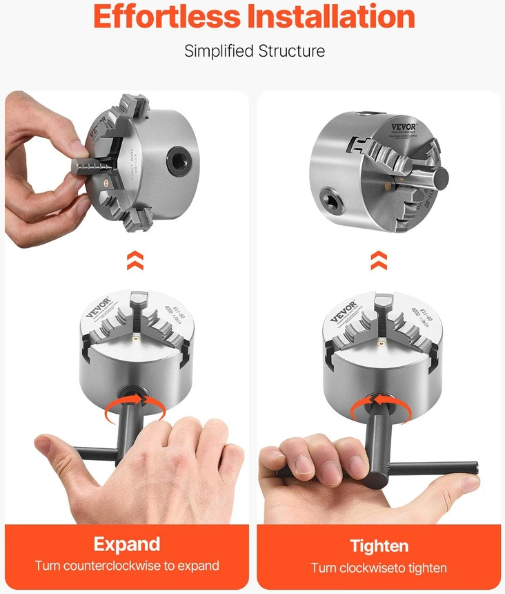 VEVOR 80 mm 3-žandikaulinis savaime centro sekraftas