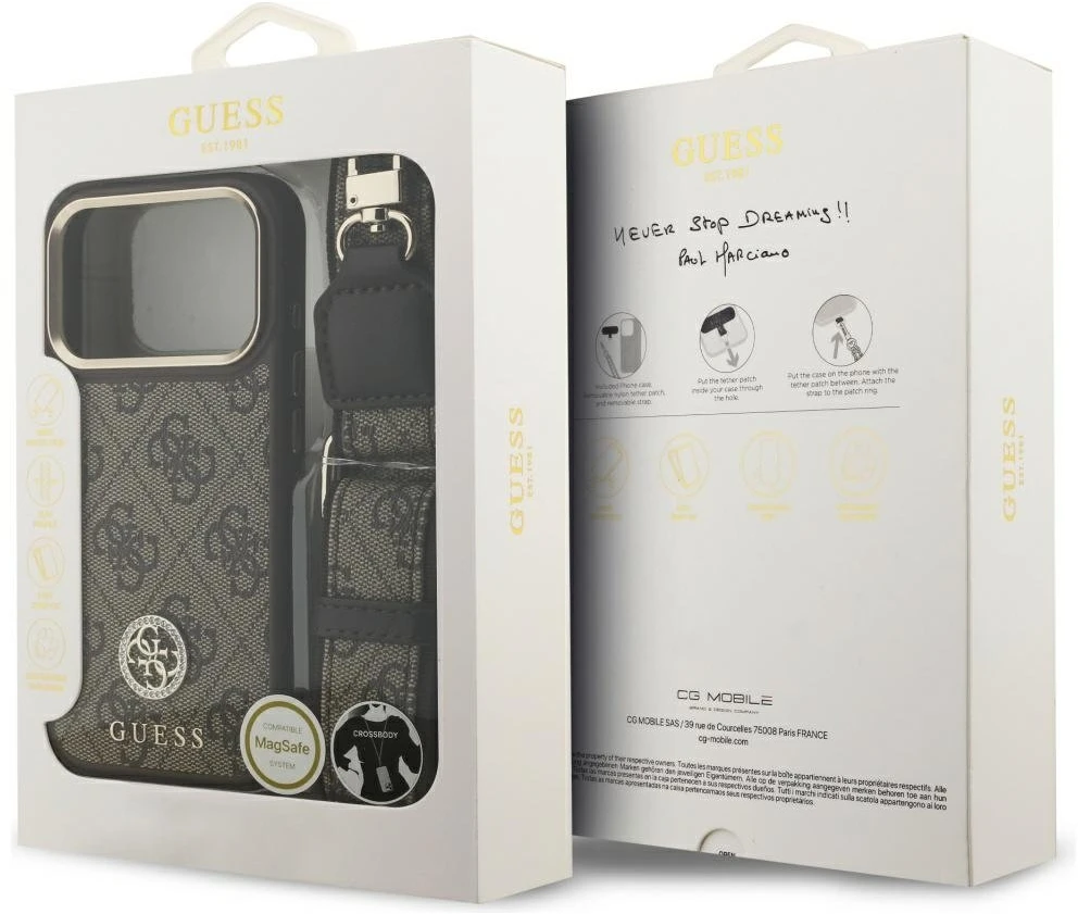 Guess 4G Strass Logo & Big Strap Metal Mygtukai MagSafe dėklas skirtas Apple iPhone 17 Pro Brown