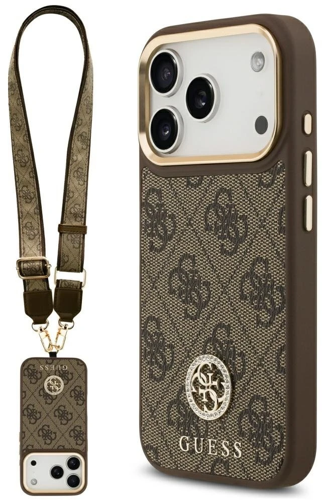 Guess 4G Strass Logo & Big Strap Metal Mygtukai MagSafe dėklas skirtas Apple iPhone 17 Pro Brown