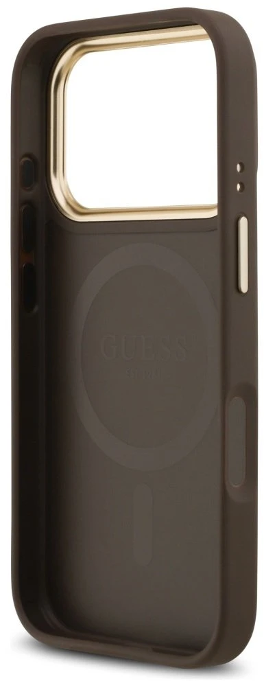 Guess 4G Strass Logo & Big Strap Metal Mygtukai MagSafe dėklas skirtas Apple iPhone 17 Pro Brown