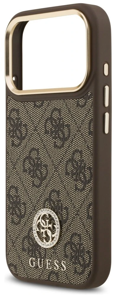Guess 4G Strass Logo & Big Strap Metal Mygtukai MagSafe dėklas skirtas Apple iPhone 17 Pro Brown