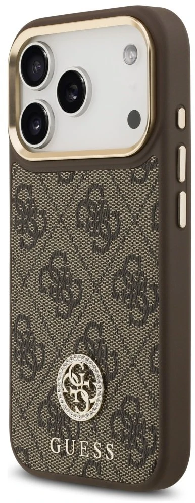 Guess 4G Strass Logo & Big Strap Metal Mygtukai MagSafe dėklas skirtas Apple iPhone 17 Pro Brown